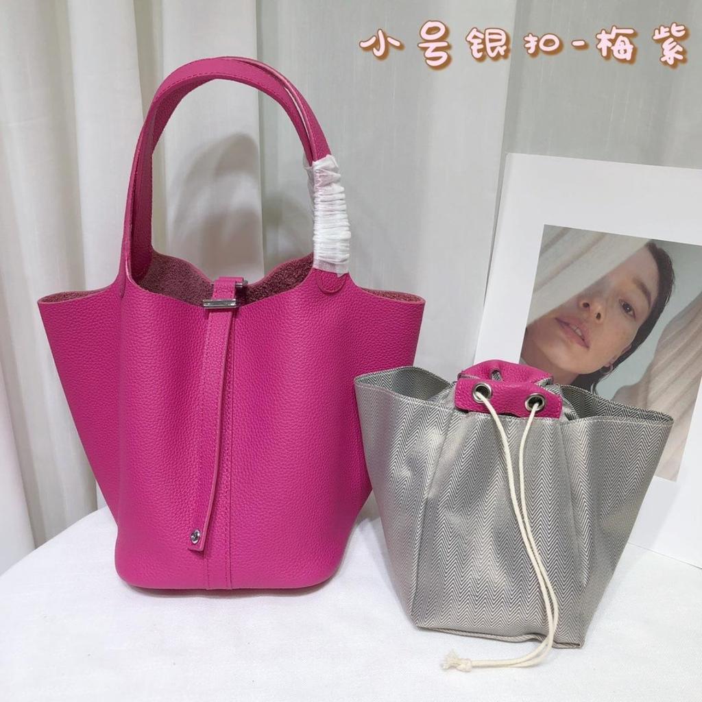 Spot wholesale top layer cowhide vegetable basket bag leather bucket bag commuter fashion lock buckle hand-held handbag woman