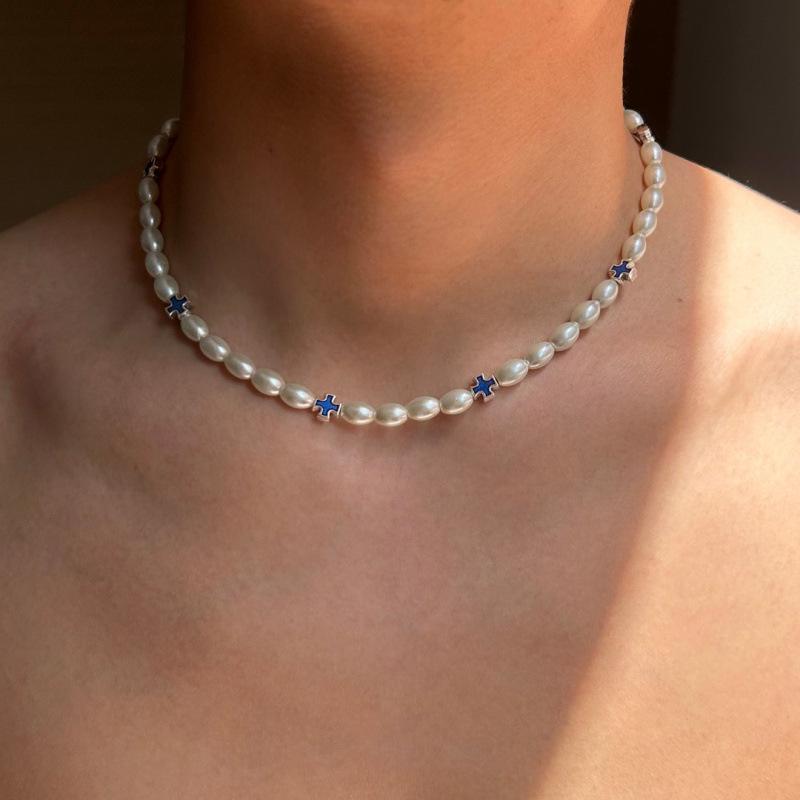 Retro Court Men's Blue Cross Necklace - Women's High-End Niche Clavicle Chain