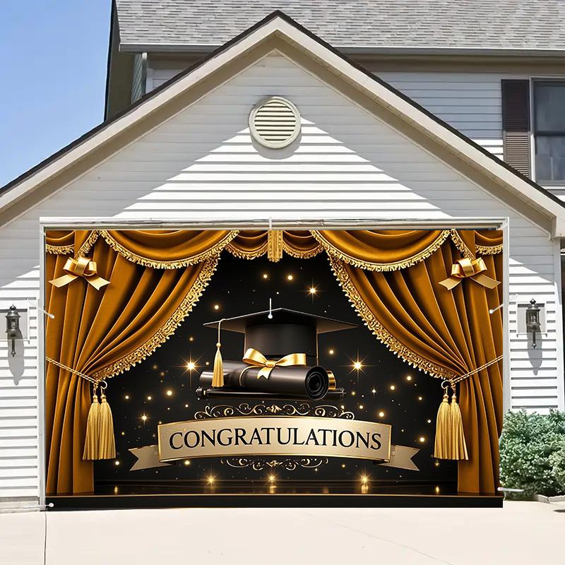 Pozadí na oslavu promoce, text "Gratulujeme", téma promoční čepice a závěsu pro domov, zahradu nebo svátek, promoční dekorace