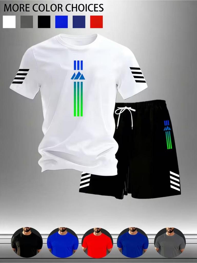 Men's Quick-Dry Mesh Sports Suit: Vertical Stripe Short Sleeve T-Shirt & Shorts Two-Piece
