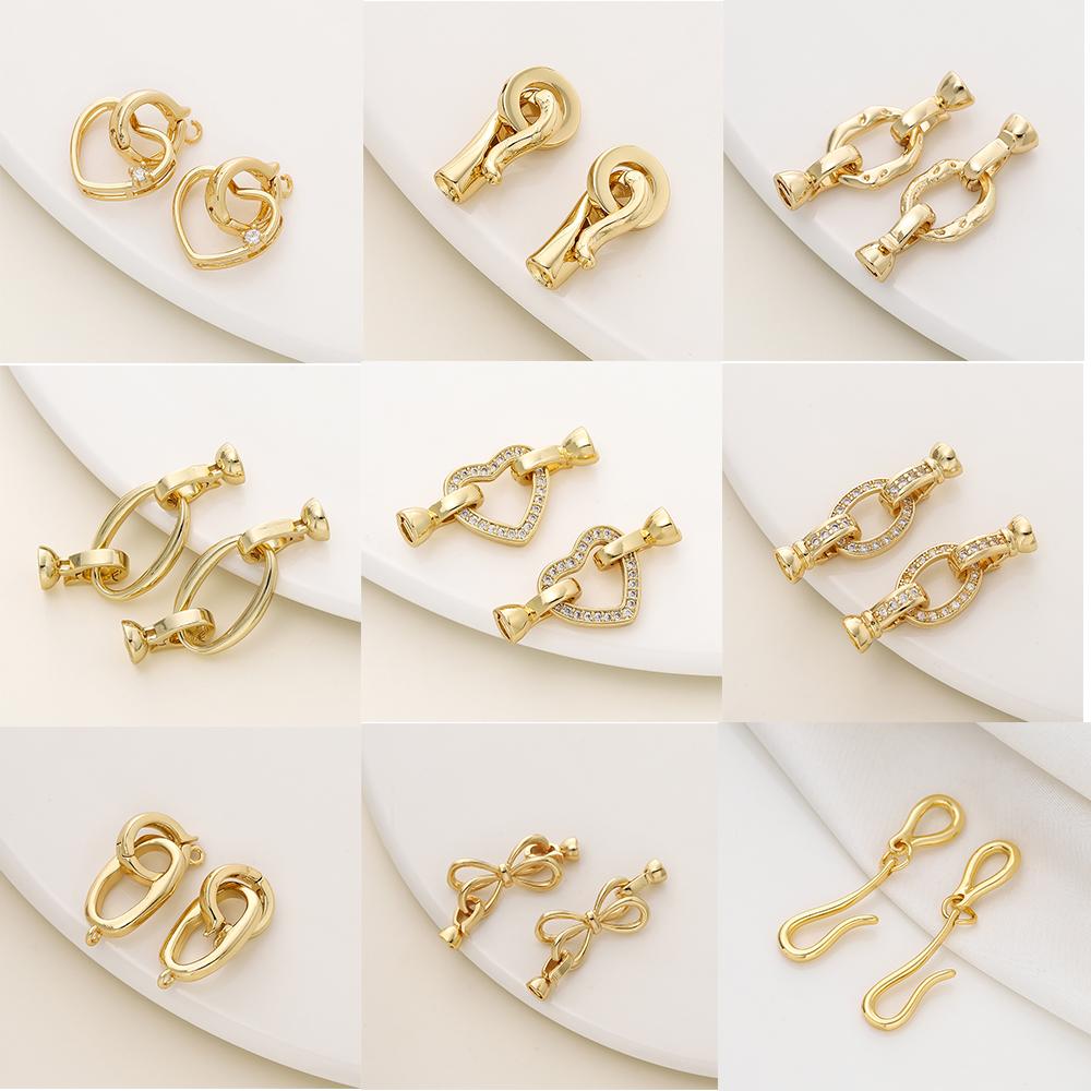 2/4pcs 14/18K Gold Color Plated Heart Bowknot Fasteners Closure Lock Connector Clasps For DIY Needlework Pearls Jewelry Making