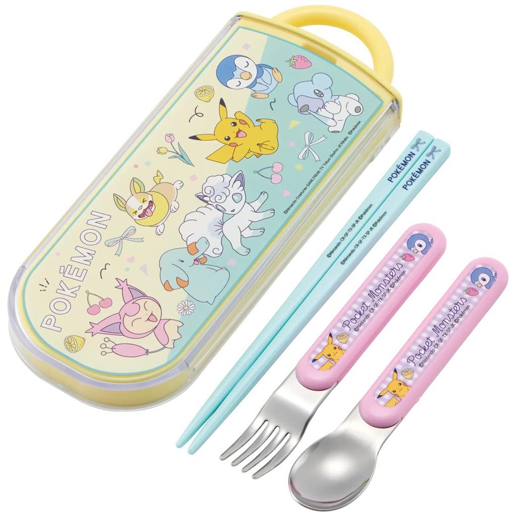 Skater Children's Trio Set: Chopsticks, Spoon, Fork, Pokémon New Retro Design, Made in Japan (TACC2AG-A)