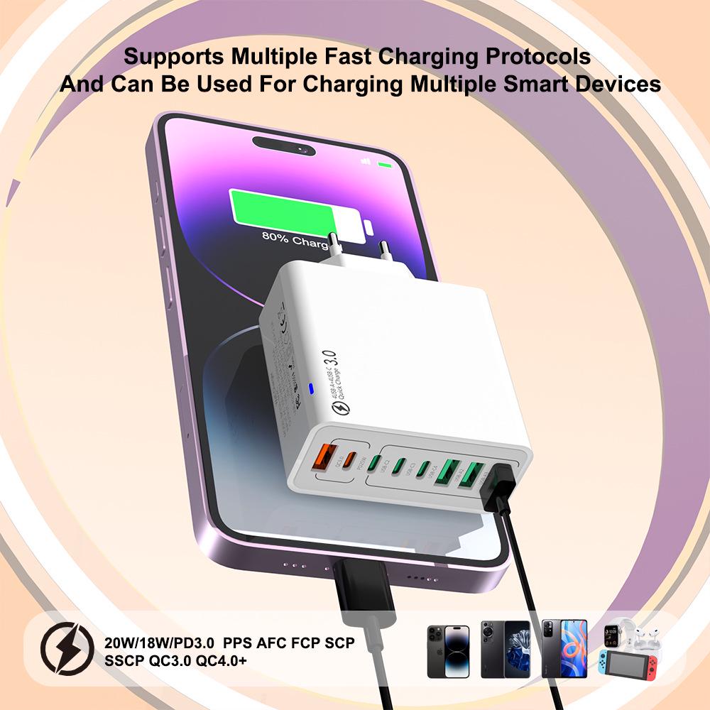Fast 8-Port Charger: 4 USB, 4 PD, 55W, QC3.0 – Compatible with European, American, Korean Standards