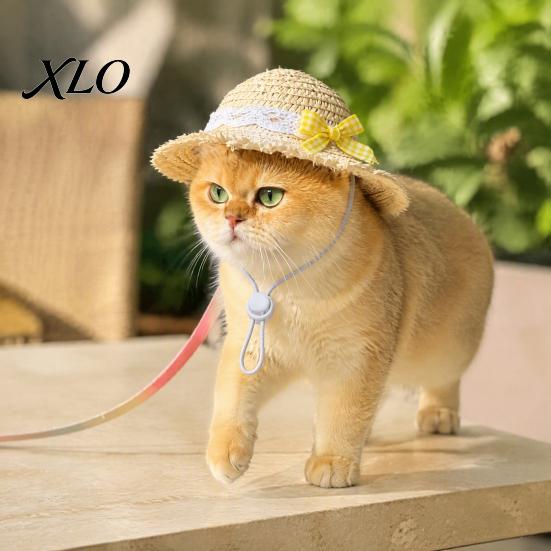 Pet Beach Hat Cat Straw Hat, Sun with Lace And Bow, Summer Lightweight Headwear Cute Protection for Cats Small Dogs Outdoor Walks Adjustable