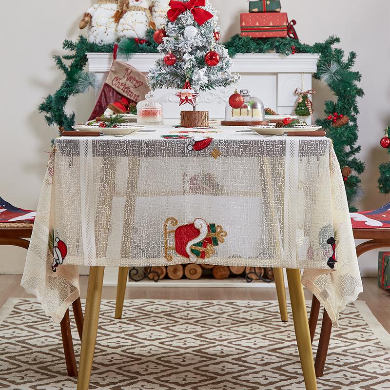 Christmas Printed Tablecloth Beige Lace Tablecloth Santa Claus Washable Table Cover for Party Wedding Picnic Dinner Decor