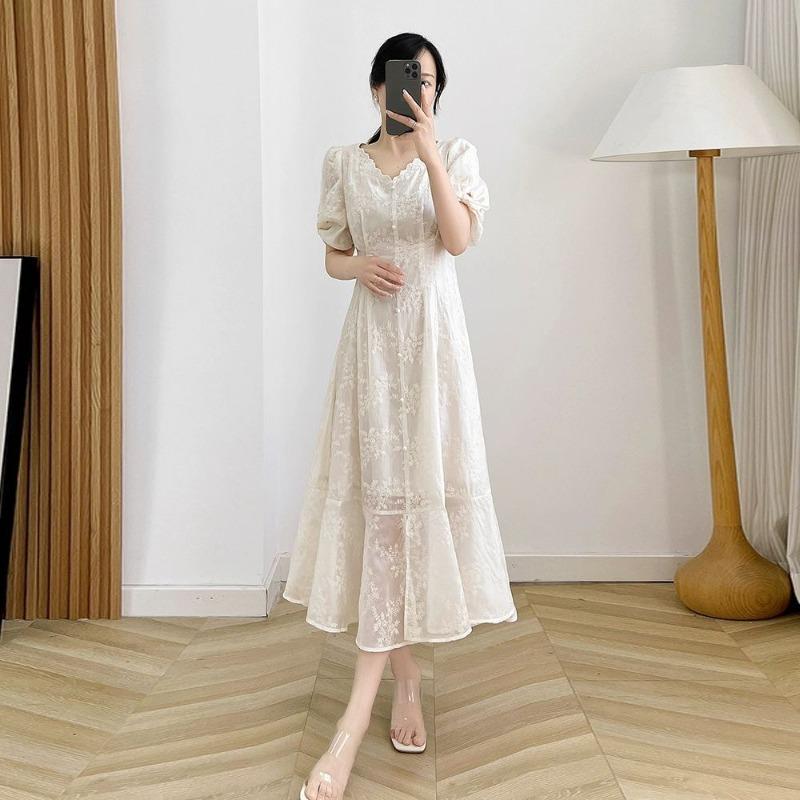 

Jacquard embroidered v-neck dress for women, summer new lace splicing waist and thin fashion temperament dress m [recommended 42.5-52.5kg ]