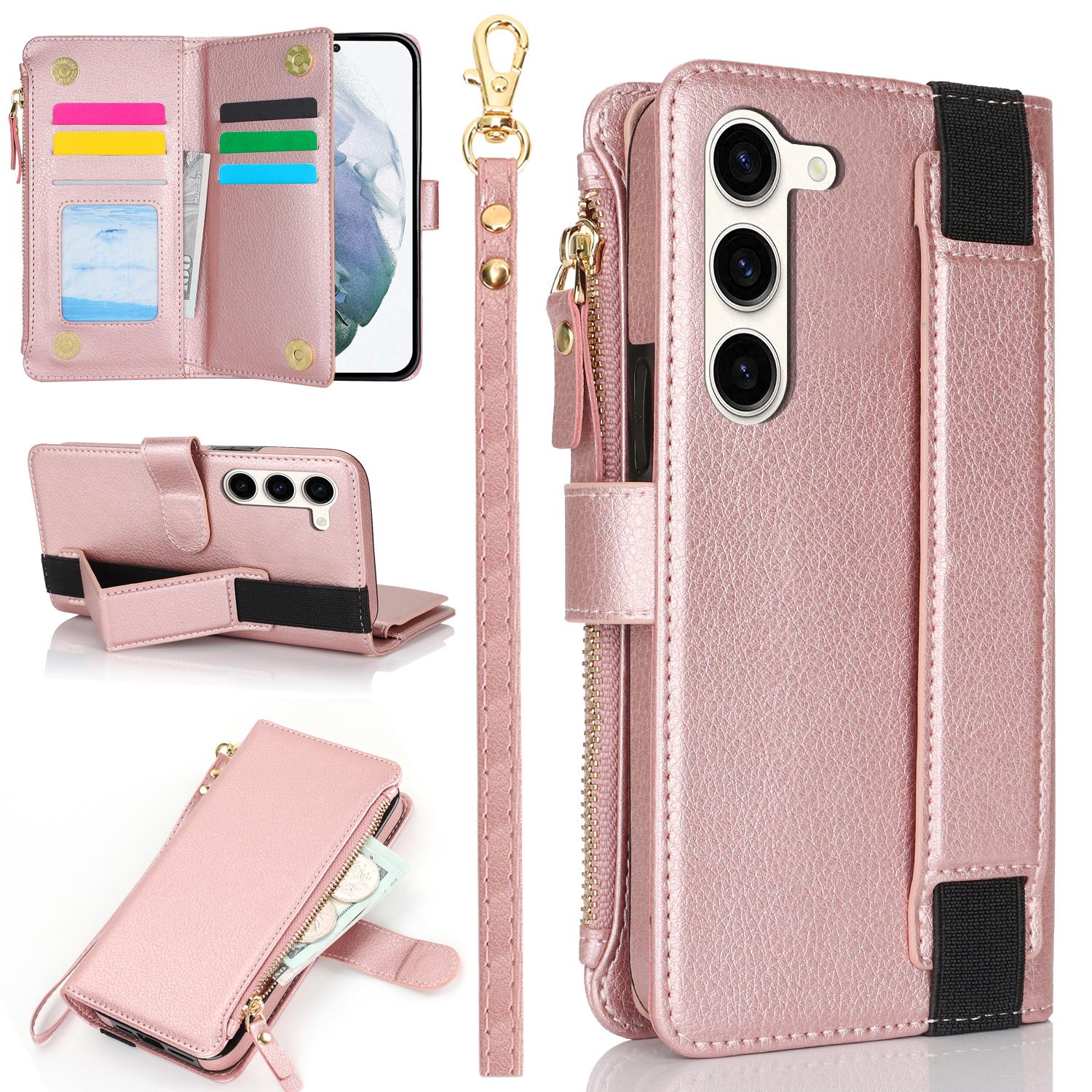 

XL-001 For Samsung Galaxy S23 Case Zipper Pocket Wristband Stand Leather Phone Cover Pink