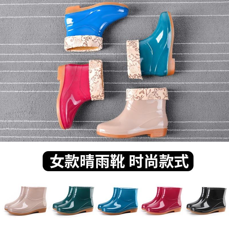 Short tube spring and autumn women's rubber shoes kitchen mother waterproof non-slip cleaning rain shoes rubber shoes cotton cover warm water shoes
