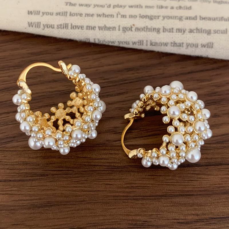 PONYKISS Sterling Zilver 18K Goud Volledige Parel Bloemenmand Hoepel Oorbellen voor Vrouwen Trendy Fijne Geometrische Accessoires