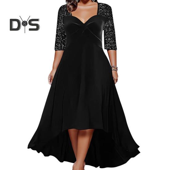

Женское выпускное платье с глубоким вырезом V-образным вырезом, большой размер, большой подол, трапециевидный силуэт, рукав до локтя, блестящие пайетки, пэчворк, неровный подол, длина до щиколотки, женское весенне-осеннее макси 5XL чёрный