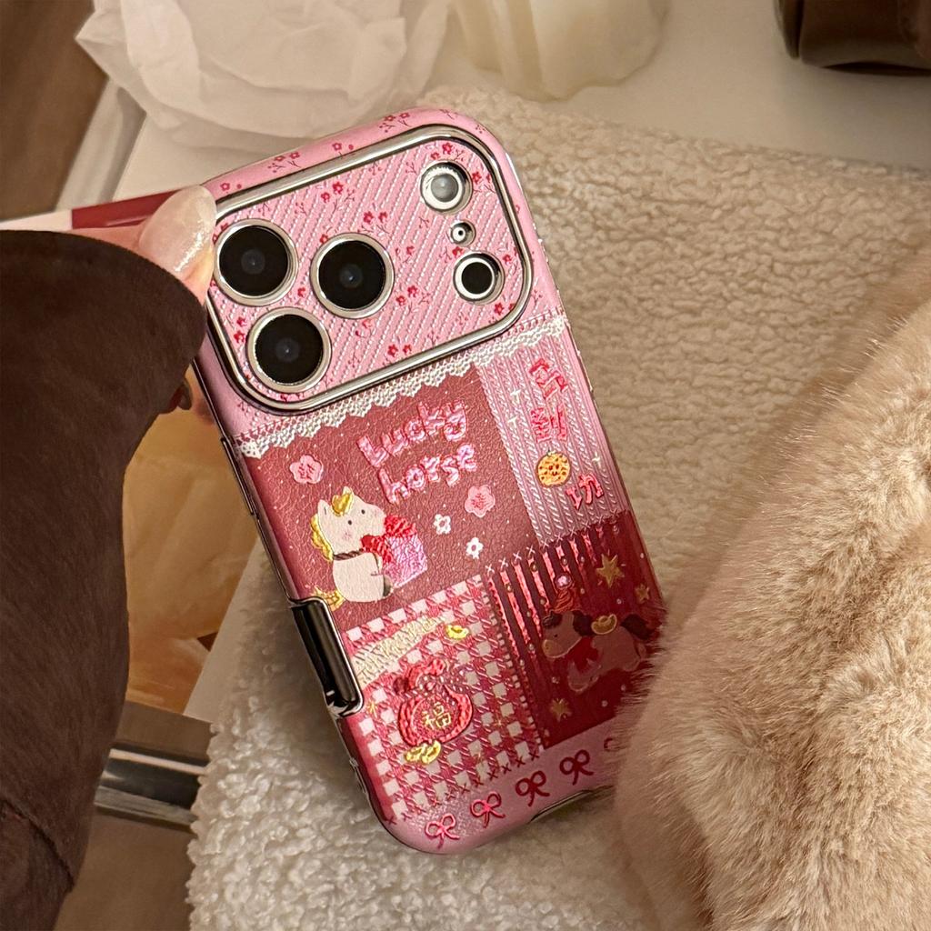 Korean Cartoon Horse Splicing Leather Texture Phone Case For iPhone 17 16 15 14 13 12 11 Pro Max With Bracelet Shockproof Cover