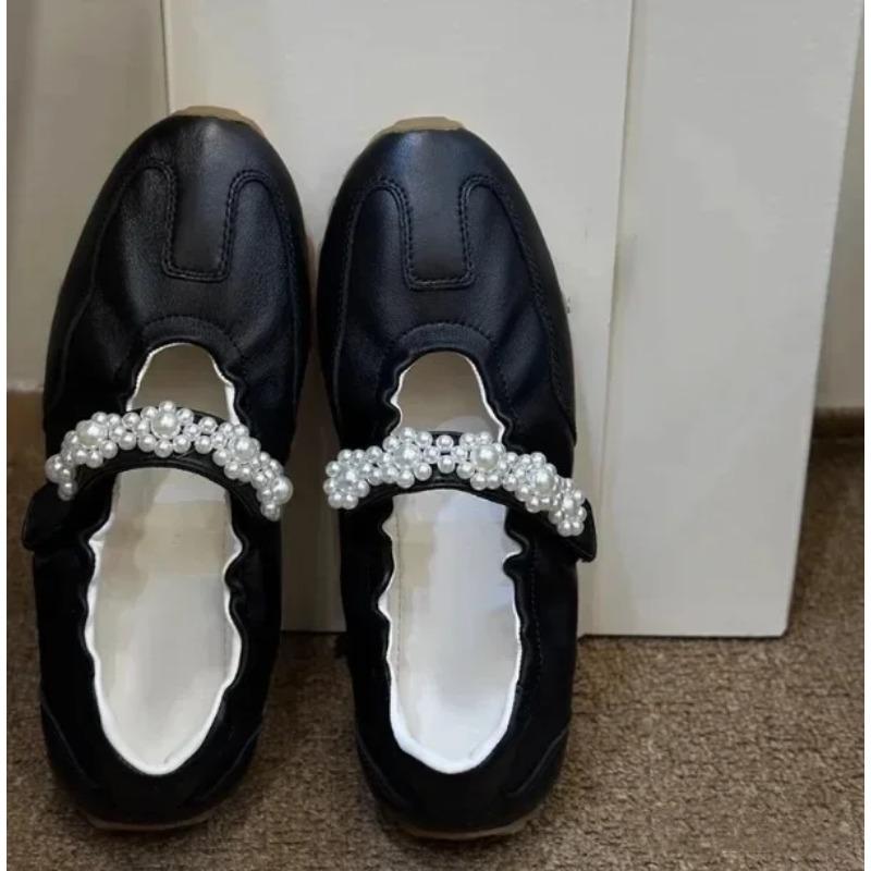 Fashion Retro Pearl Mary Jane Ballet Flat Shoes Women's Spring Autumn New Style Sports Casual Leather Dequanyi Rubber Bottom