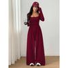 Long Sleeve Square Neck Solid Color Wide Leg Casual Jumpsuit