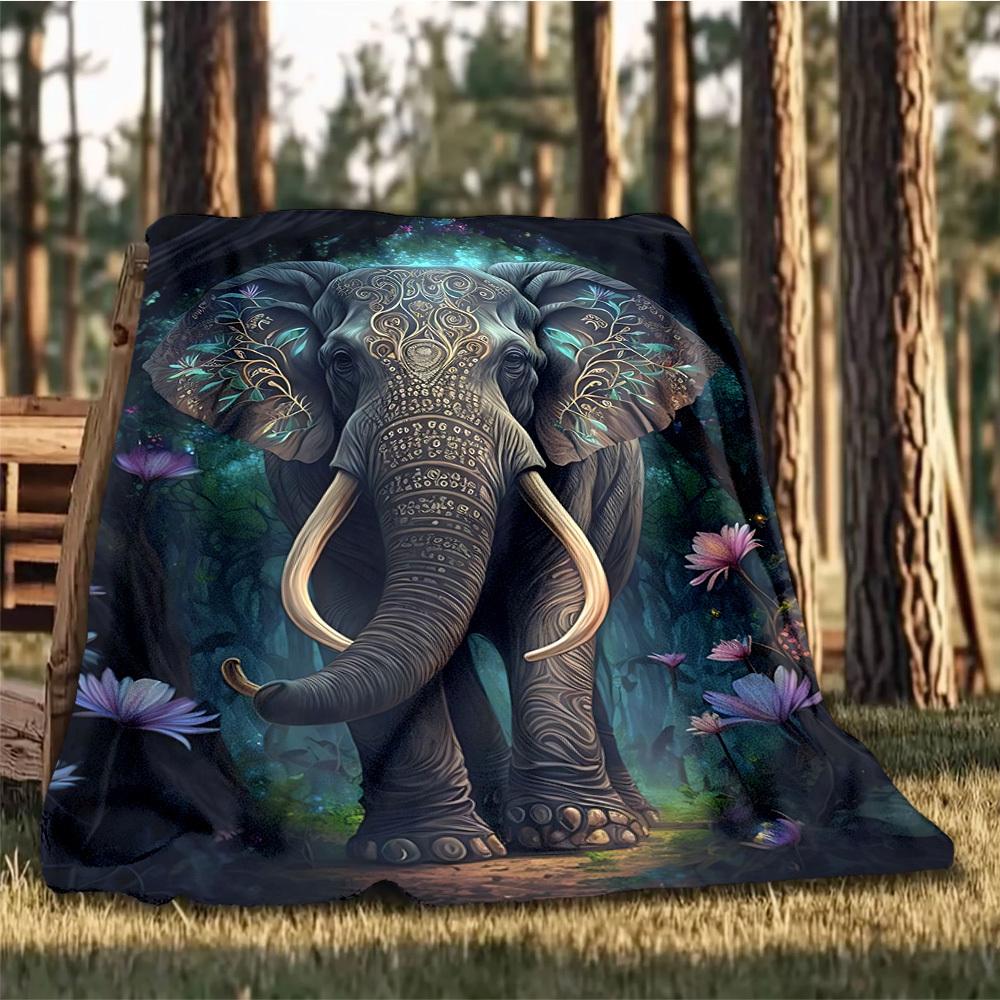 1pc Ornate Elephant Design Throw Blanket Polyester Fiber, Lightweight Flannel, Soft & Warm, All Season Use for Outdoor, Camping Digital Print