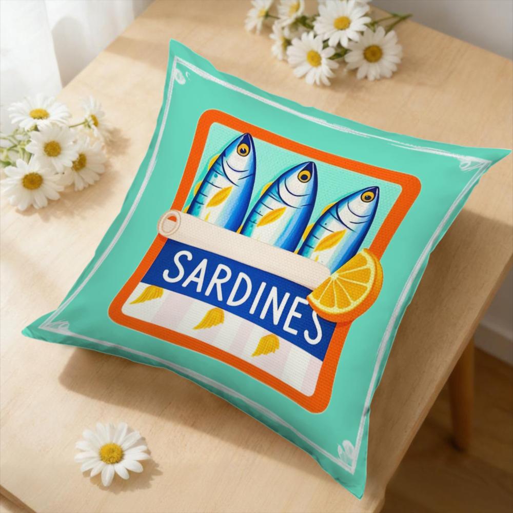 1Pc Retro Sardines Can Print Cushion Cover Turquoise Blue Orange Fish Lemon Pattern Sofa Bed Soft Breathable Fabric