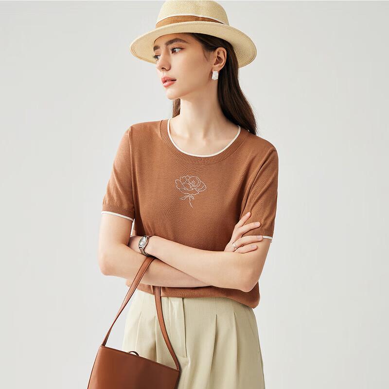 Zhaojun Women's Silk Blend Rhinestone Flower Short Sleeve Knit T-Shirt