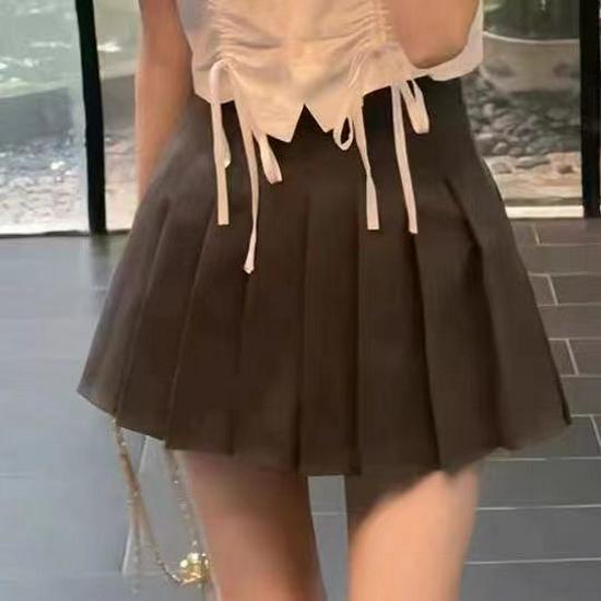 Korean Style Drawstring Short-Sleeve Shirt  Pleated Skirt Summer Two-Piece Set for Women S
