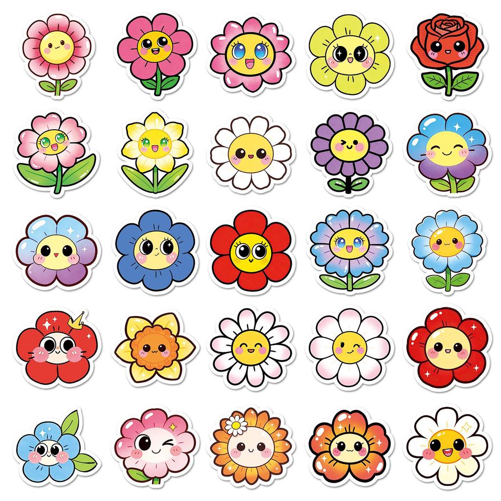 50 Cute Smiley Flower Stickers – Childlike Q Version for Journals, Water Bottles, Cars, and Helmets
