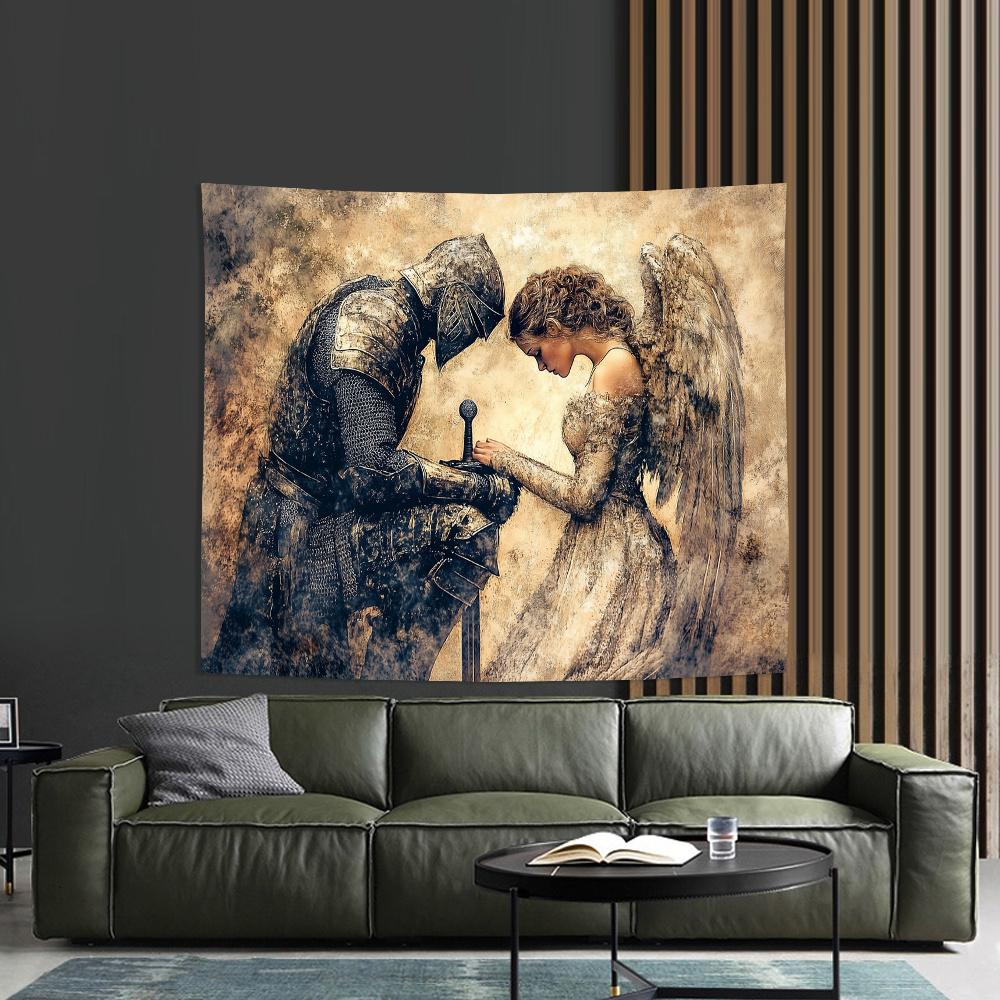 Knight And Angel Wall Tapestry, Medieval Romance & Fantasy Art, Romantic Home Decor For Bedroom & Living Room