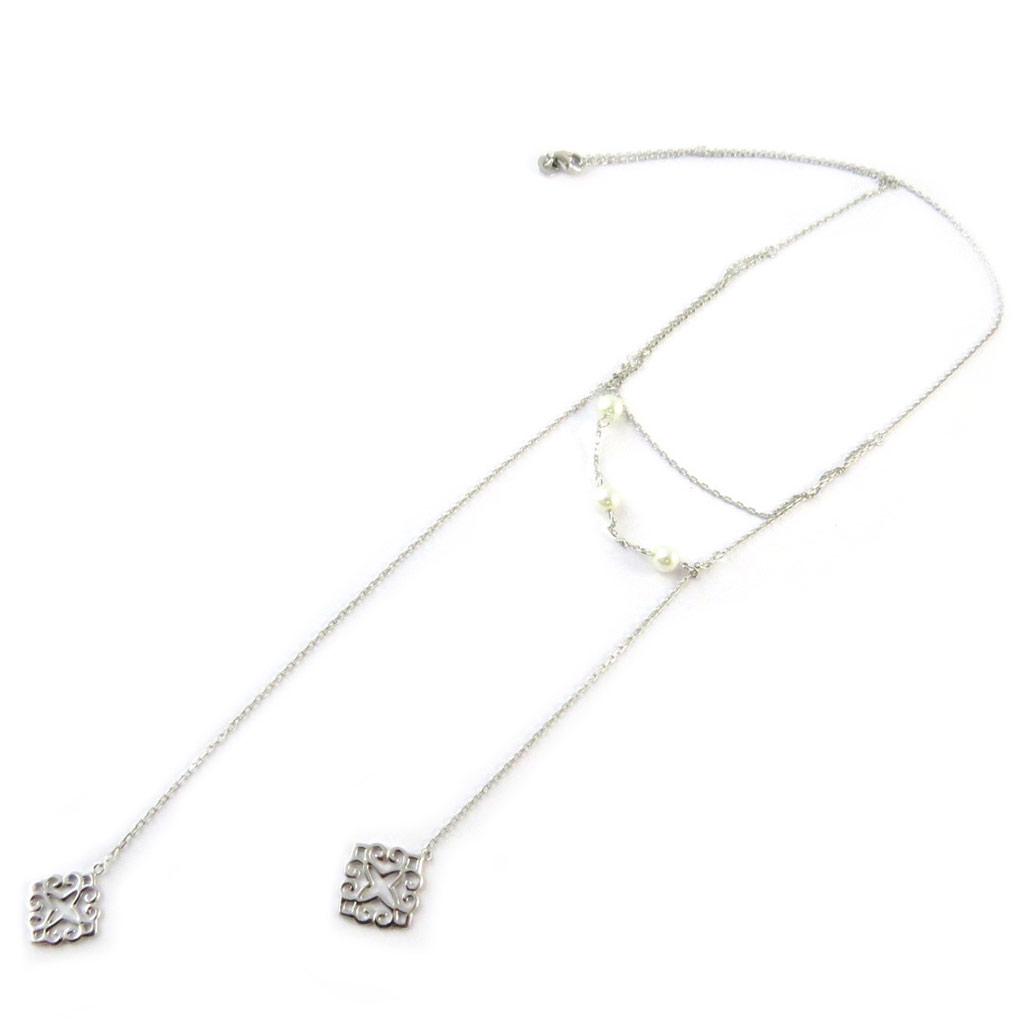 Les Trésors De Lily [N7312] - Silver Ivory 'Carmen' Long Necklace (rhodium-plated) - 14 Cm