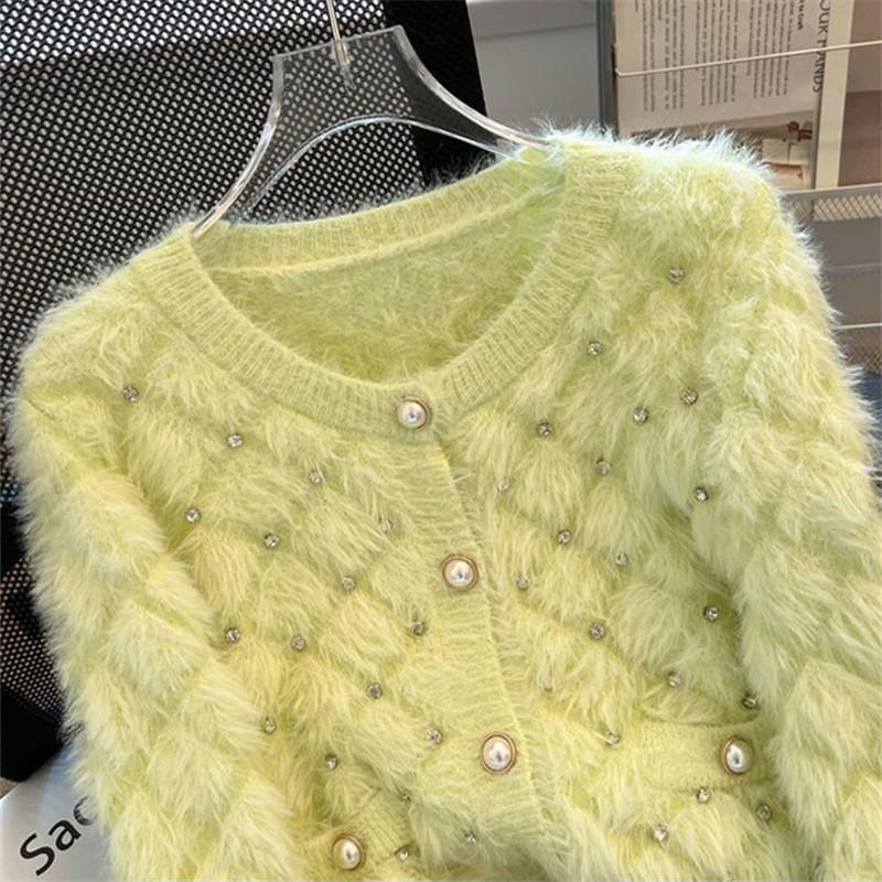 Autumn and Winter Women's Bead Imitation Mink Sweater Women Knitted Cardigan Long Sleeve Short Loose Knitwear Female Tops