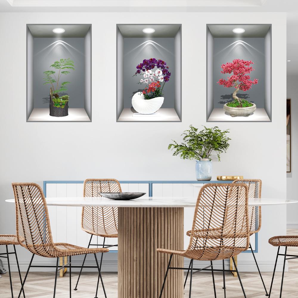 Wei Mo Xiang Green Plant Three-Panel Self-Adhesive Decorative Wall Sticker for Home & Hotel