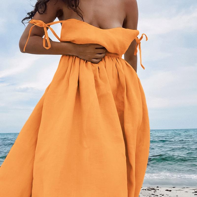 French Khaki Cotton Linen Breathable Halter High Waisted Dress Holiday Style Long Skirt Woman