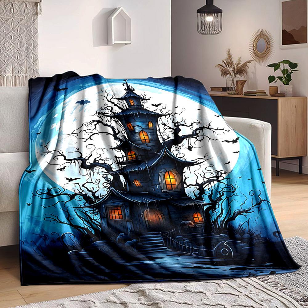

1pc Halloween Haunted House Moonlit Night Blanket, Lightweight Flannel Throw Blanket For Sofa, Bed, Travel, Camping, Living Room, Office, Couch 80cmx120cm