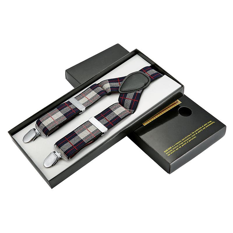 Vintage Classic Plaid Strap Clip 3.5Cm Men'S Trousers Elastic Strap Three Clips Adjustable Jacquard Webbing Clip