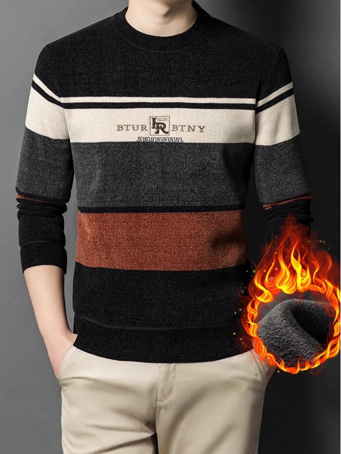 Men's Winter Chenille Sweater - Round Neck, Warm Velvet-Lined, Thick Knit Base Layer for Middle-Aged Men
