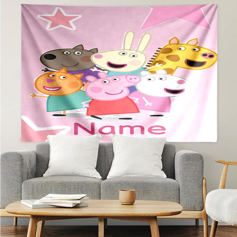 Custom Name Peppa Pig Print Tapestry, Backdrop, Easy Setup, Ideal for Bedroom, Office & Living Room, with Aesthetic Wall Hanging Decor.