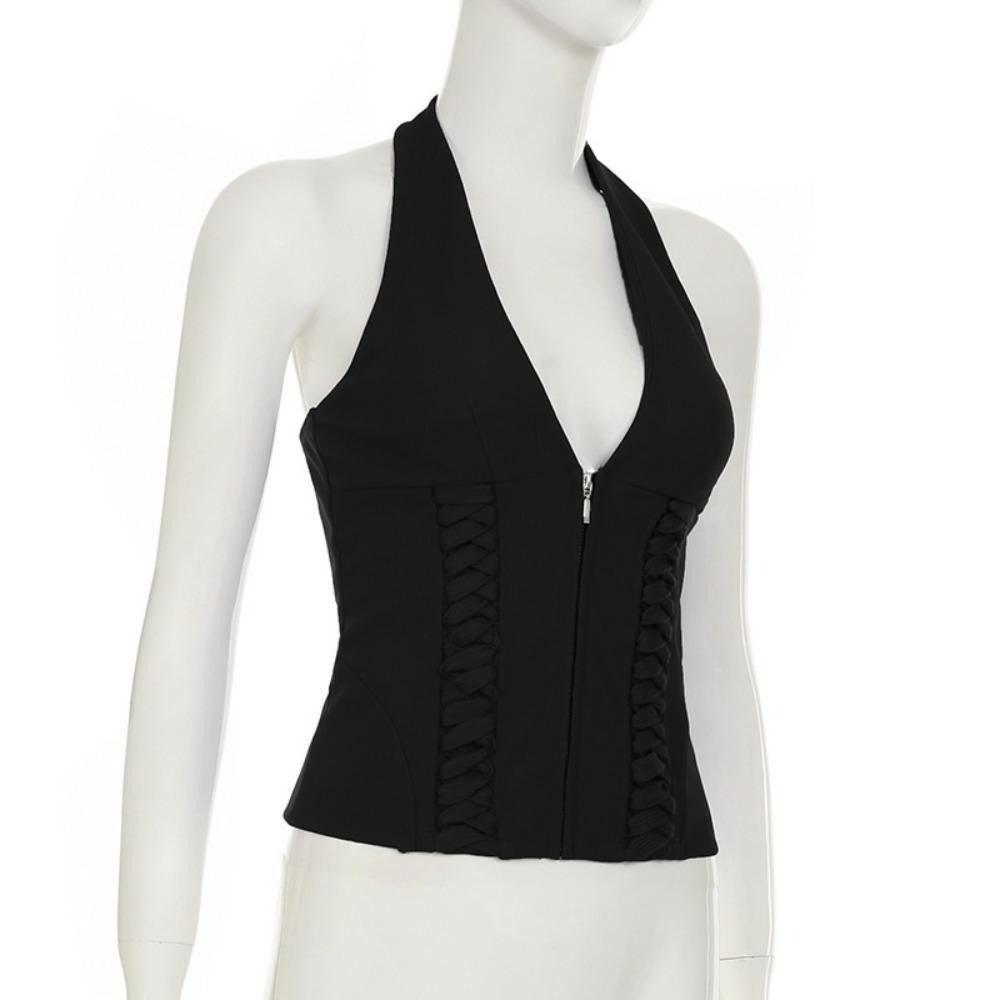 Deep V Neck Sleeveless Crop Top Tie Up Waist Strap Women Camisole Halter Vest Top Female