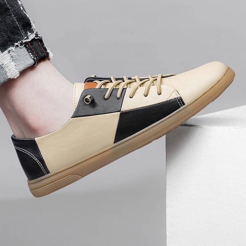 Men Shoes Checkered Contrasting Style 2024 New Trend Versatile Men Casual Board Shoes Leather Soft Sole Breathable Lace Up Shoes