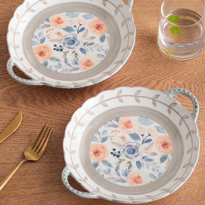 ZhiShi Graue Keramikplatte mit floralem Muster und Doppelgriff