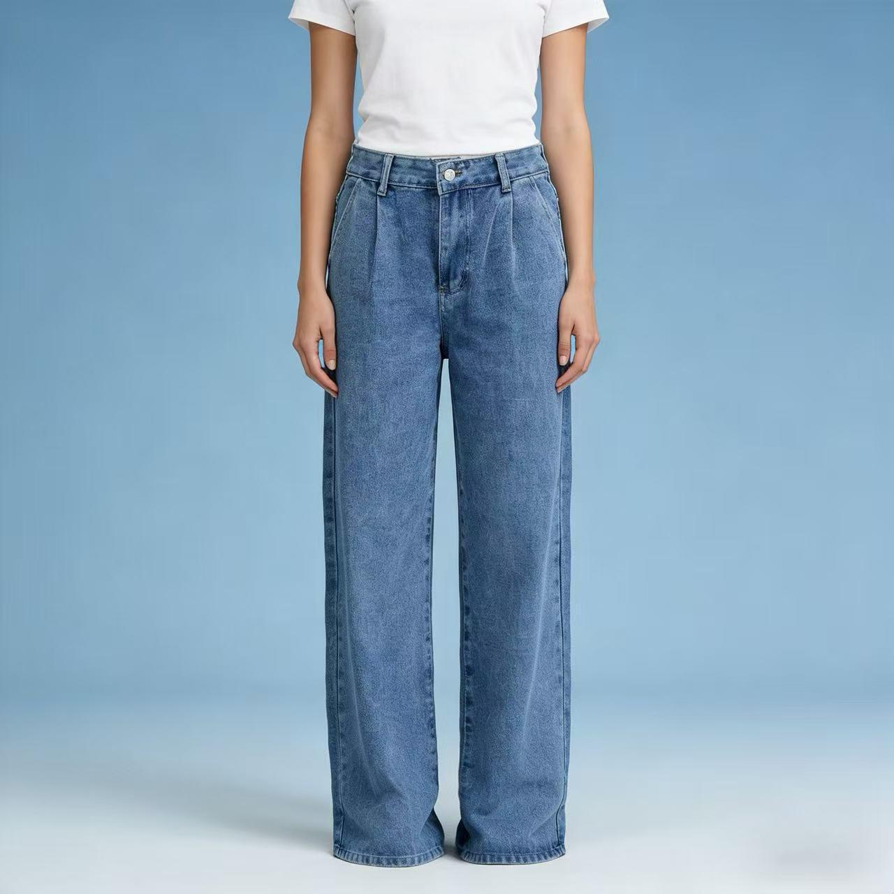 

Chic Adjustable High-Waisted Wide-Leg Jeans for Women – Dark, Versatile, and Floor-Length. Large синий