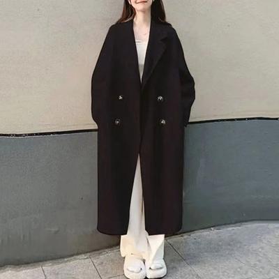 Women Fall Winter Overcoat Loose Lapel Thickened Windproof Warm Soft Double-breasted Solid Color Pockets Long Sleeve Lady Mid Length Trench Coat