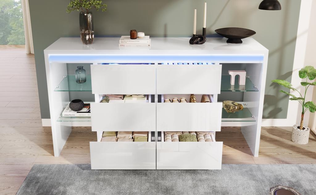 Chest of Drawers White High Gloss Sideboard with Smart LED Lighting App Control, Made of Wood with 6 Drawers and 4 Glass Shelves, 155x40x80 Cm
