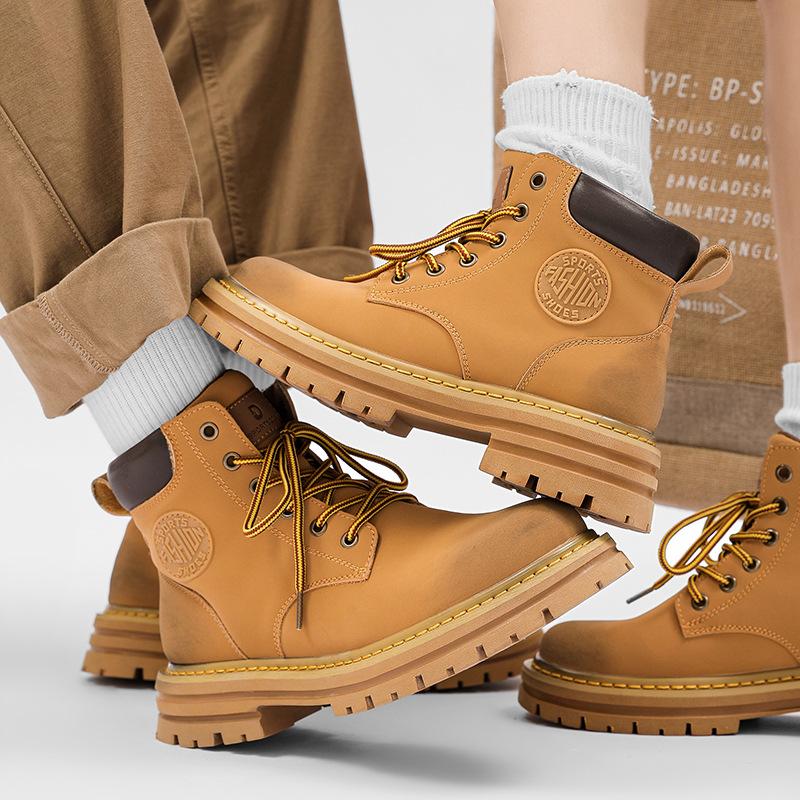 Leather Big Yellow Boots Couple Model 2025 Autumn Thick-soled Classic Big Head Short Boots Lace-up High-top Martin Boots Versatile