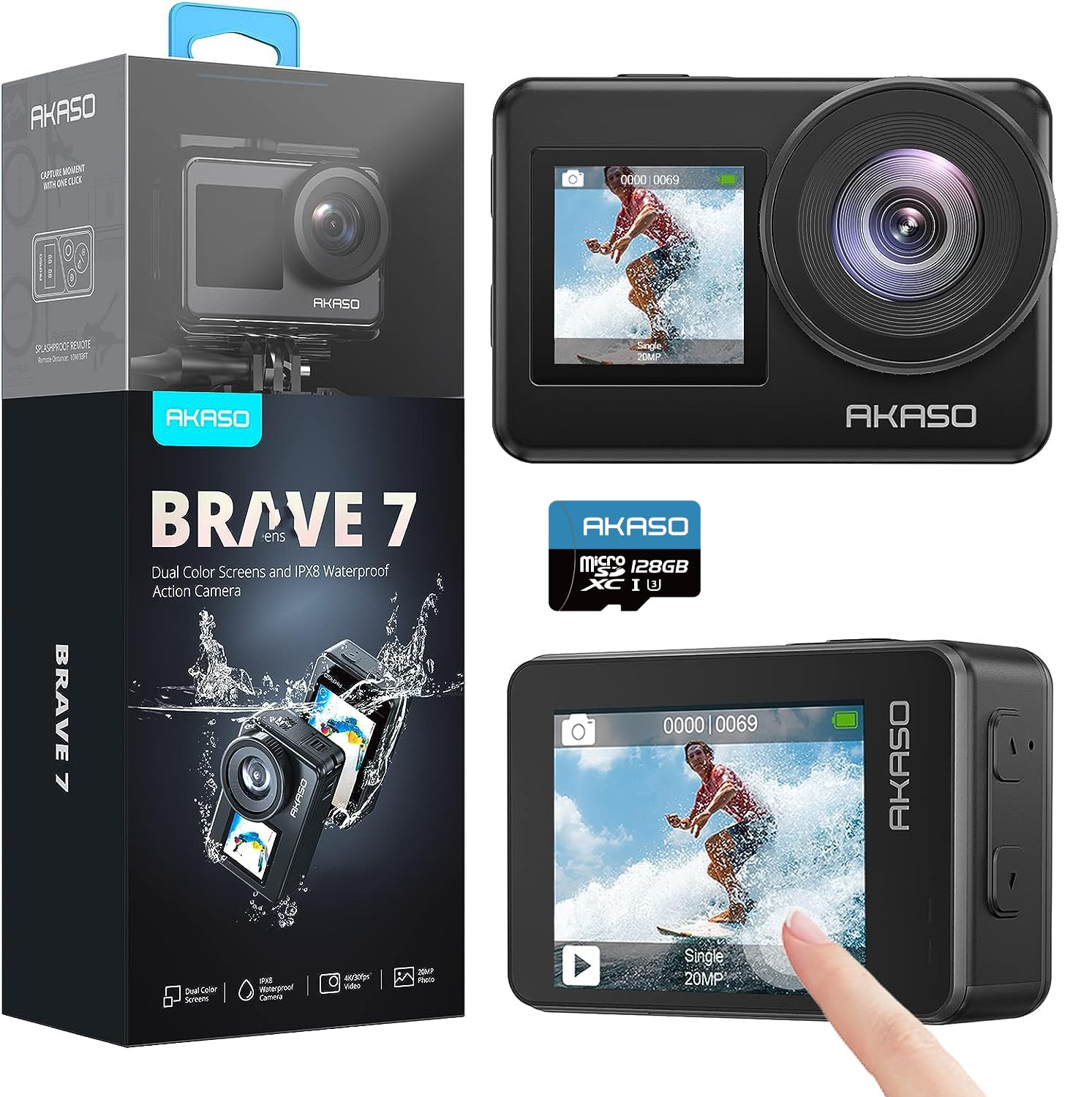 

Action Camera AKASO 128GB Wearable IPX8 10M Underwater Image 8x Slow Visualization Voice External 2 1350mAh Batteries - Brave7-4K Camera, Waterproof,