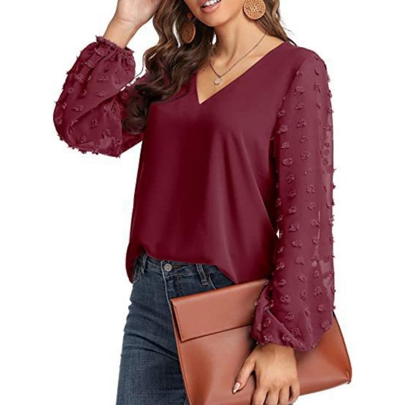 YYFS Camicette e camicie con scollo a V a maniche lunghe con stampa tinta unita primavera autunno moda casual da donna