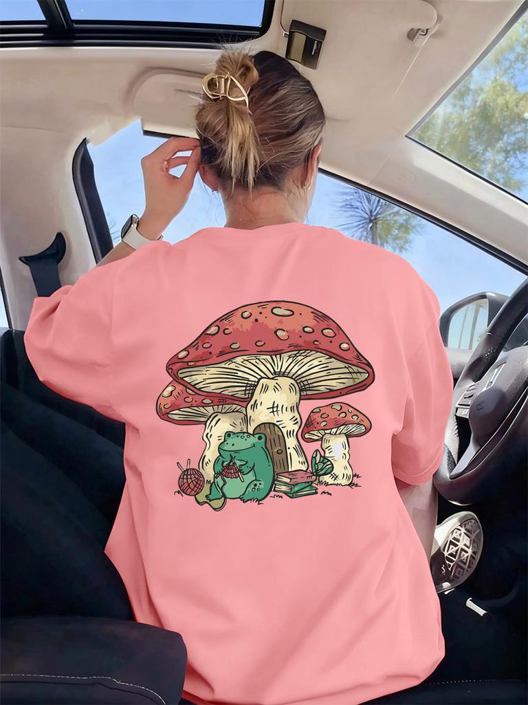 Frog Under Mushroom Printing TShirt Womens Basics Loose T Shirts ONeck Soft Short Sleeve Tops Summer Comfortable Woman Clothes
