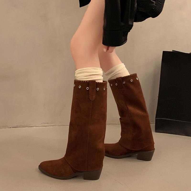 Fashion Vintage Thick Heel Women Western Cowboy Boots Button Combination Splicing Shoes Autumn Winter Ladies Pipe Long Booties