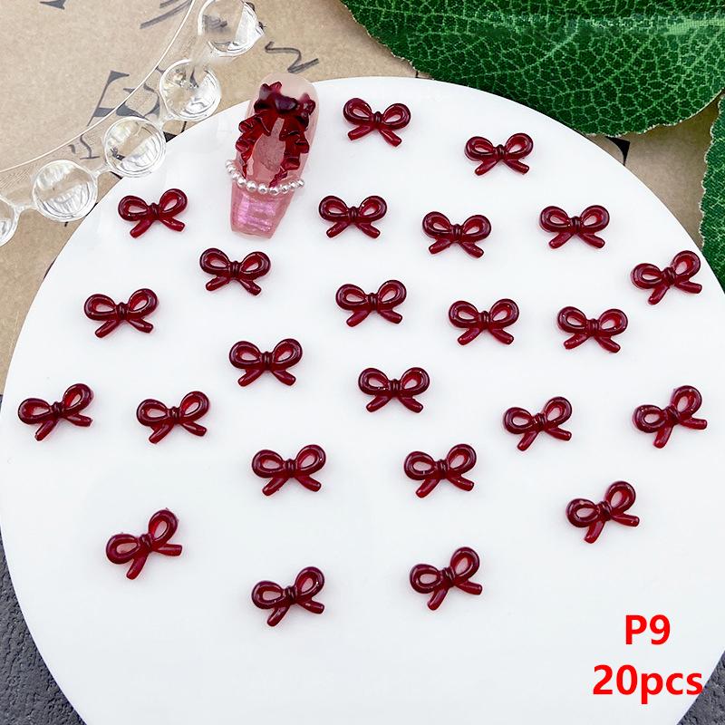 20Pcs Wine Red Resin Bow Nail Charm Bulk Mix Size 3D Ribbon Bowkont Mini Kawaii Nail Art Accessories Diy Cute Nails Decorations