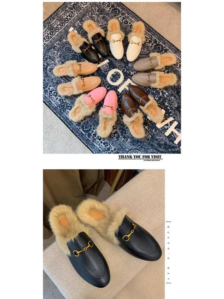 2025 Women's Genuine Leather Furry Half-Slippers with Horsebit Strap - Warm Autumn/Winter Shoes