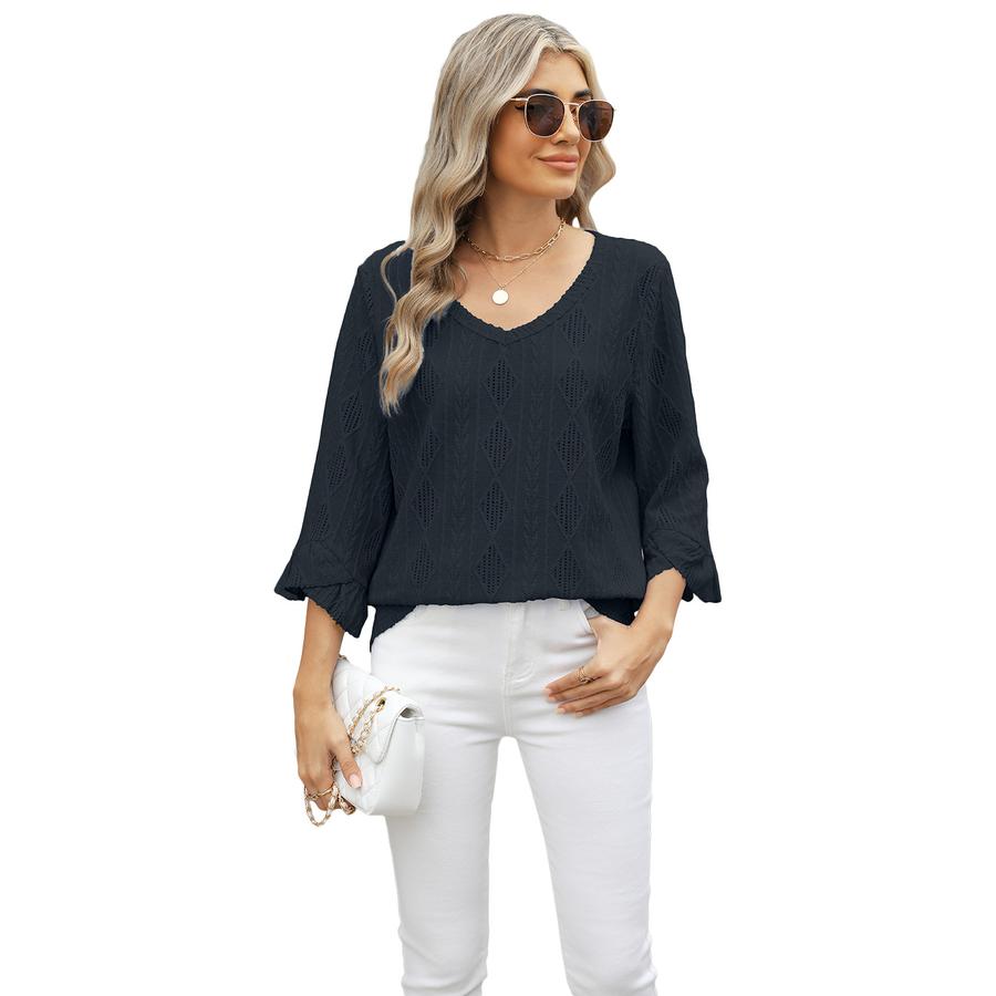 New Summer V-Neck Diamond Lattice Hollow Lace Ruffle Sleeve Loose T-Shirt for Women