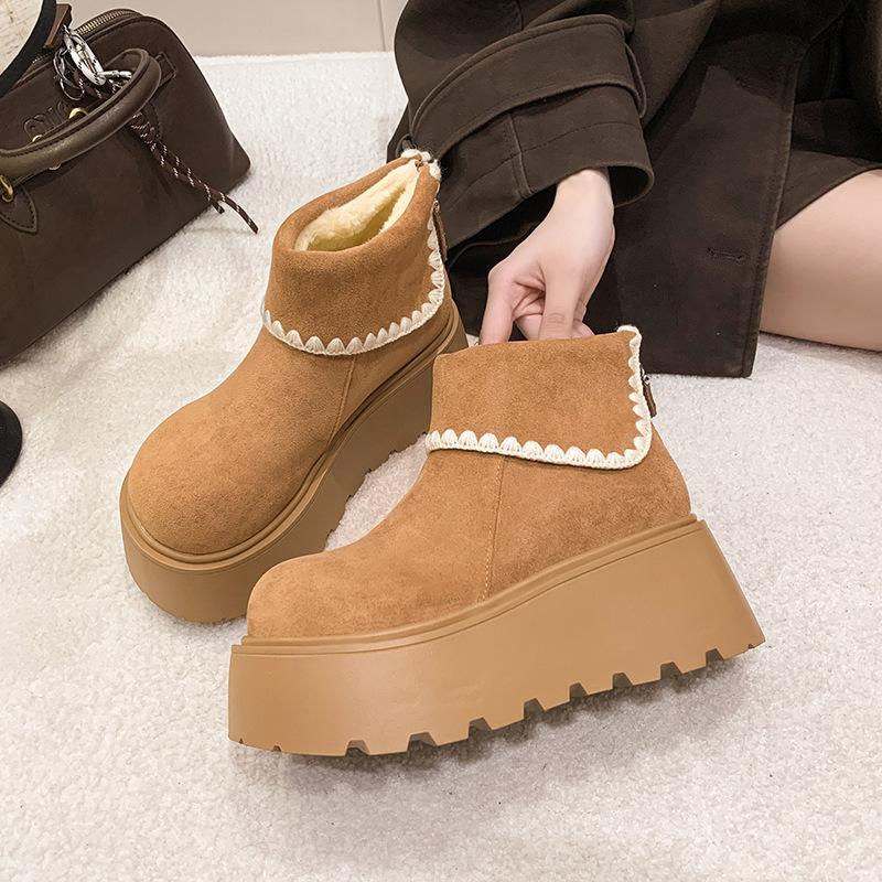 Women's Large Size Furry Mouth Winter Warm Snow Boots Padded Lining Ankle Boots Leather and Fur Integration Non-slip Hiking Sports Martin Boots