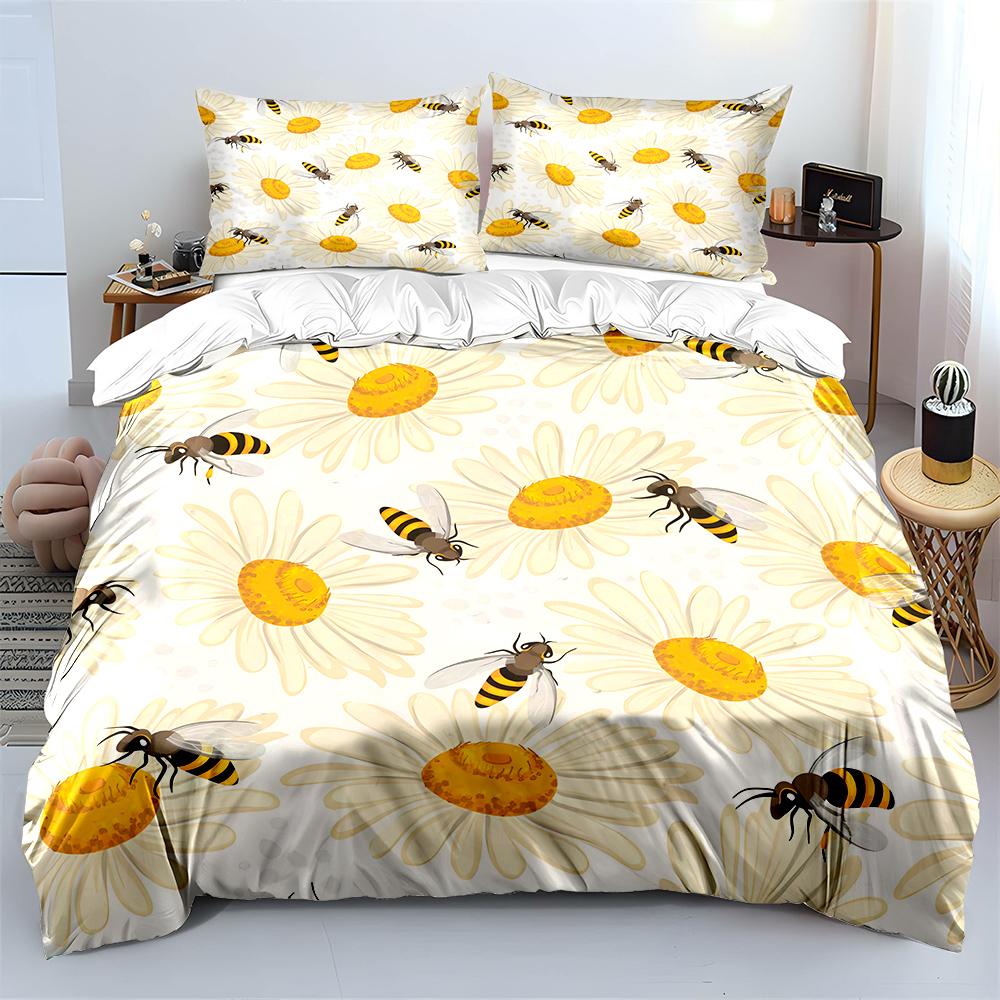 Bienen und Gänseblümchen Muster Bettwäsche Set für Kinder Luxuriöses Geschenk 3tlg Digitaldruck Bettdecken Set Weich Bequem Atmungsaktiv