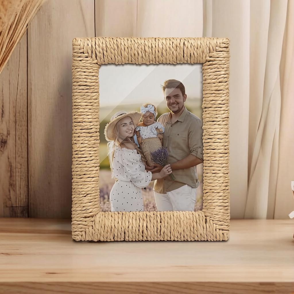 Cornice per Foto in Legno con Corda di Canapa Intrecciata Fatta a Mano Creativa, Elemento Decorativo in Rattan, Cornice per Foto Stile Boemo Scatola Portagioie