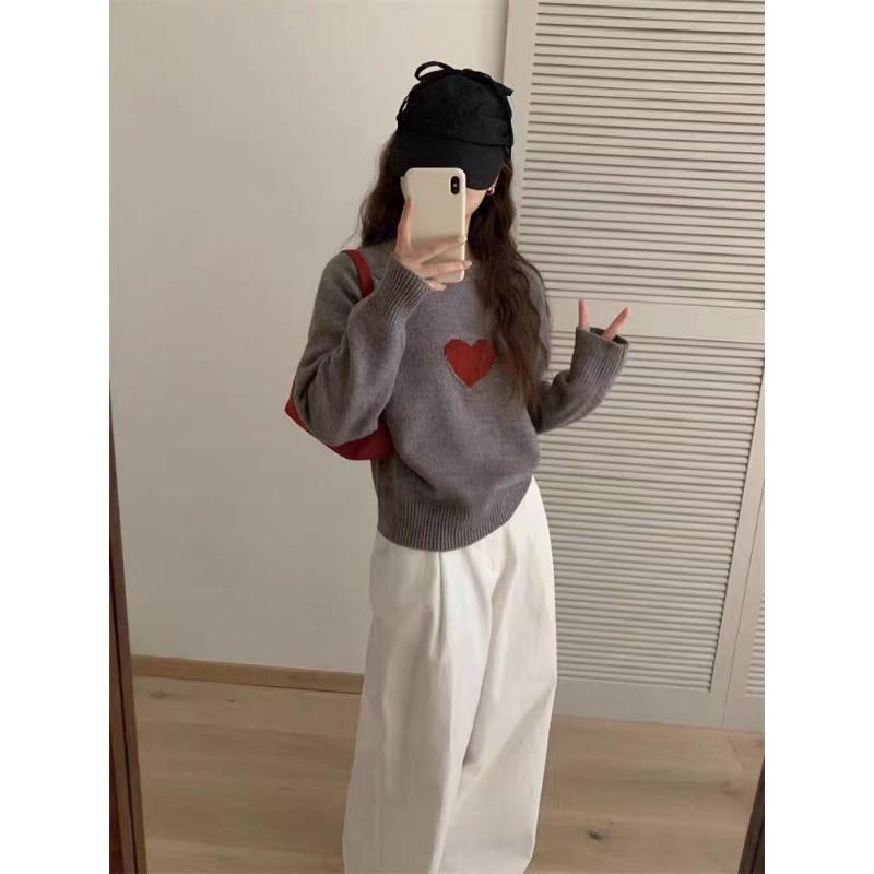 

Осень и зима новые продукты круглый вырез плечевые рукава вязаный свитер женский корейский милый маленький свежий любовь жаккардовый топ женский One size