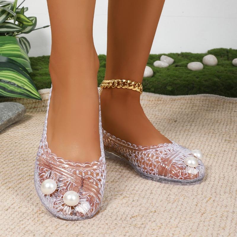 Sandales à talon bas pour femme Mode Bout rond Ouverture peu profonde Perle Creux Respirant Semelle souple Antidérapant Chaussures plates